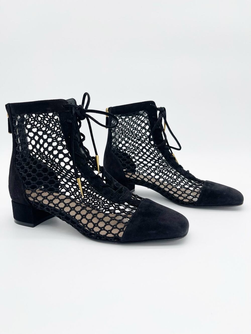 Dior Naughtily-D Black Suede Crochet Mesh Lace-Up Block Heel Ankle Boots EU 35.5